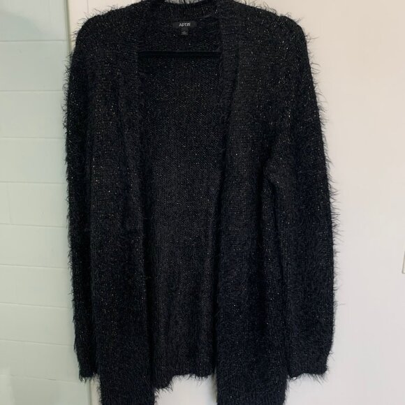 APT. 9 Long Cardigan Black Silver Metallic Open Front Longline Sweater - Picture 1 of 3